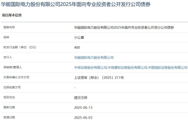 蔚莱策略 华能国际拟发行400亿元小公募，已提交注册